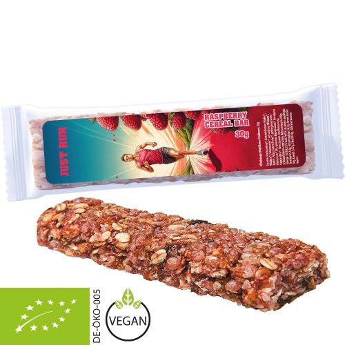 Bio Müsliriegel Multikorn-Himbeere (vegan), 30g, Express Flowpack mit Etikett