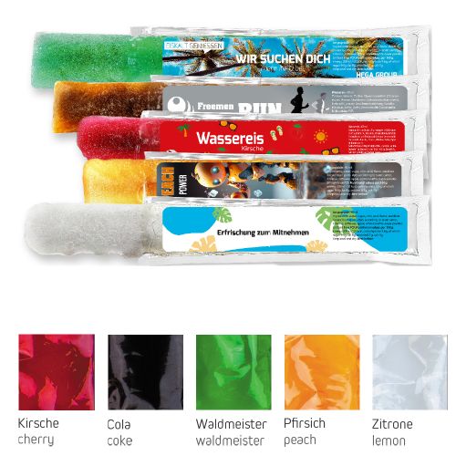 Wassereis im 5er Sortenmix (Kirsche, Waldmeister, Cola, Zitrone, Pfirsich) (vegan), 40 ml, Express Schlauchtüte mit Etikett