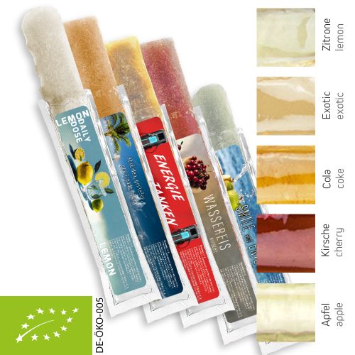 Bio Wassereis im 5er Sortenmix (Apfel, Kirsche, Cola, Exotic, Zitrone) (vegan), 30 ml, Express Schlauchtüte mit Etikett