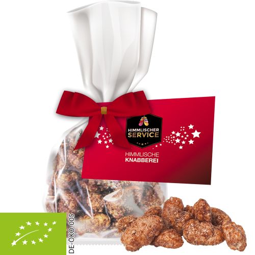 Bio Feuergebrannte Mandeln (vegan), ca. 30g, Express Flachbeutel mit Schleife mit Werbekarte