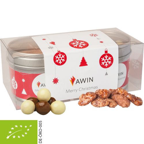 Bio Knusper Weihnachtsset mit feuergebrannten Mandeln und Knusperkugeln im MIx, ca. 105g, Metalldose mit Sichtfenster im 2er Set