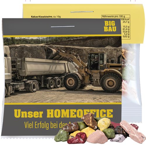 Kakao Kieselsteine, ca. 10g, Express Mini-Tüte mit Werbereiter