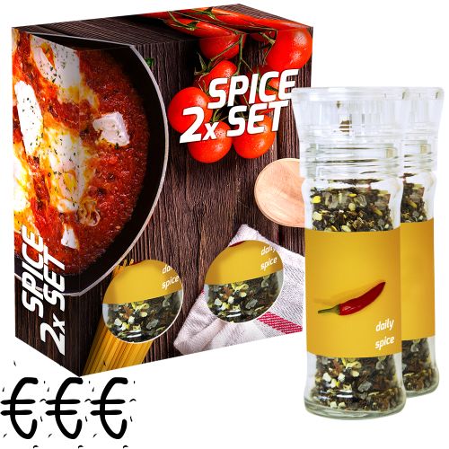 verschiedene Gewürzmischungen Bio und nicht Bio (Kategorie 3), 70-160g, 2er Set Glas mit Kunststoffmahlwerk in Faltschachtel