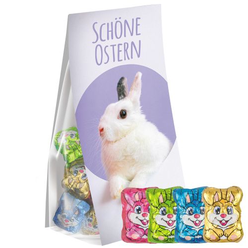 Schoko-Hasen Mix, ca. 36g, Express Blockbodenbeutel mit Werbereiter