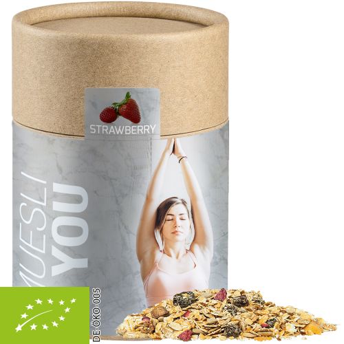Bio Müsli Erdbeerchen (vegan), ca. 60g, Kraftpapierdose Midi