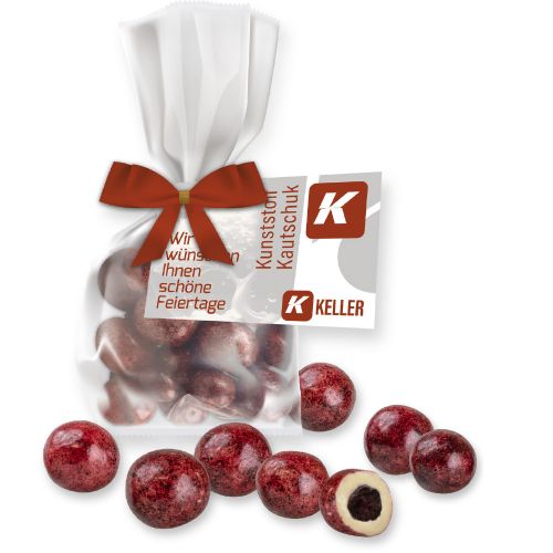 Johannisbeeren in weisser Schokolade, ca. 30g, Express Flachbeutel mit Schleife mit Werbekarte