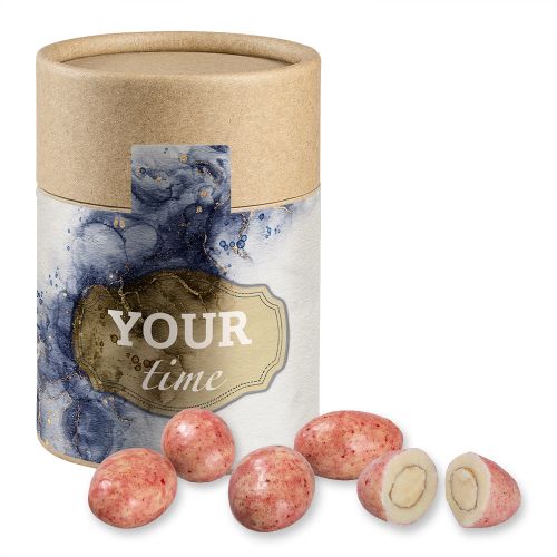 Schoko-Himbeer Mandeln, ca. 80g, Biologisch abbaubare Eco Pappdose Midi