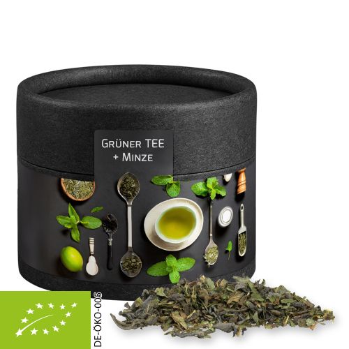 Bio Grüner Tee mit Minze, ca. 10g, Kraftpapierdose Mini schwarz