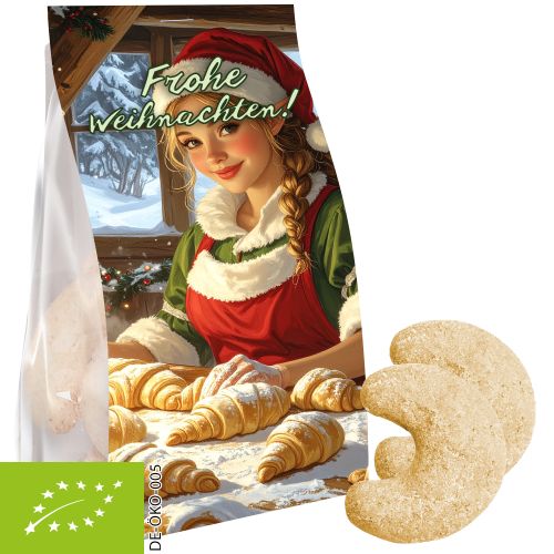 Bio Vanillekipferl, 100g, Express Blockbodenbeutel mit Werbereiter
