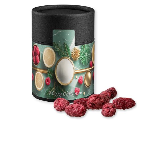 Gebrannte Mandeln Himbeere (vegan), ca. 80g, Kraftpapierdose Midi schwarz