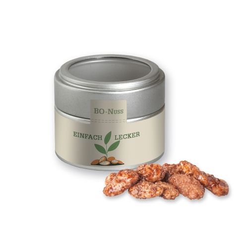 Feuergebrannte Mandeln (vegan), ca. 60g, Metalldose Mini mit Sichtfenster silber