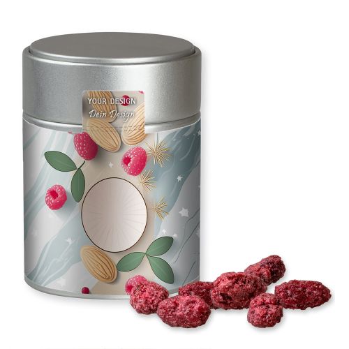 Gebrannte Mandeln Himbeere (vegan), ca. 100g, Metalldose Midi silber