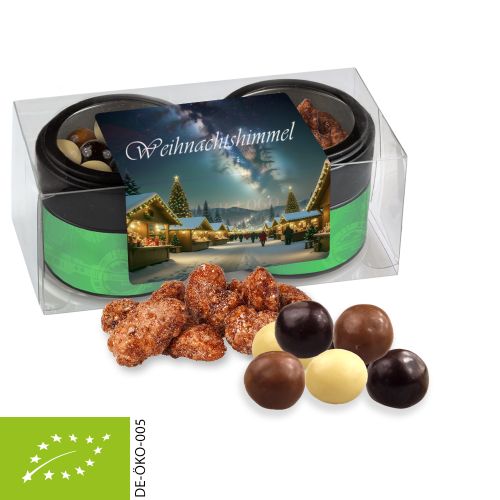 Bio Knusper Weihnachtsset mit feuergebrannten Mandeln und Knusperkugeln im MIx, ca. 105g, Metalldose Mini mit Sichtfenster im 2er Set