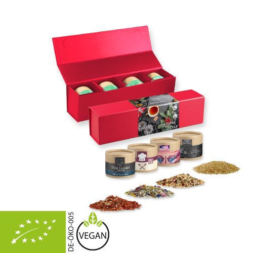 verschiedene Gewürzmischungen Bio und nicht Bio (Kategorie 2), ca. 40-160g, Geschenk-Set Premium rot mit Magnetverschluss und 4 Kraftpapierdosen Mini