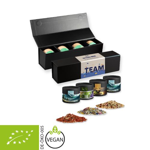 verschiedene Gewürzmischungen Bio und nicht Bio (Kategorie 1), ca. 120-300g, Geschenk-Set Premium schwarz mit Magnetverschluss und 4 Kraftpapierdosen Mini