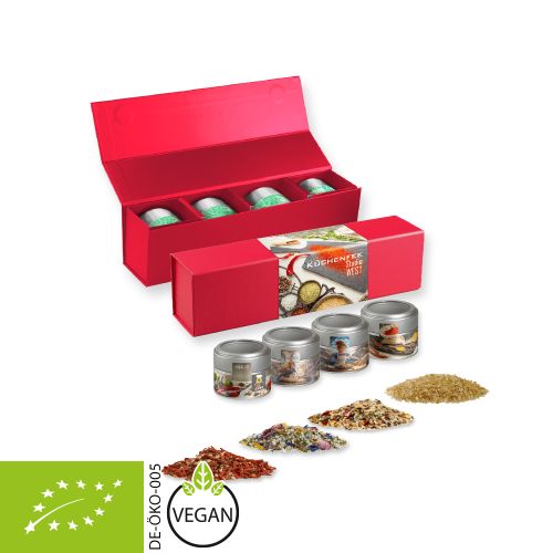 verschiedene Gewürzmischungen Bio und nicht Bio (Kategorie 1), ca. 160-440g, Geschenk-Set Premium rot mit Magnetverschluss und 4 Metalldosen Mini mit Sichtfenster