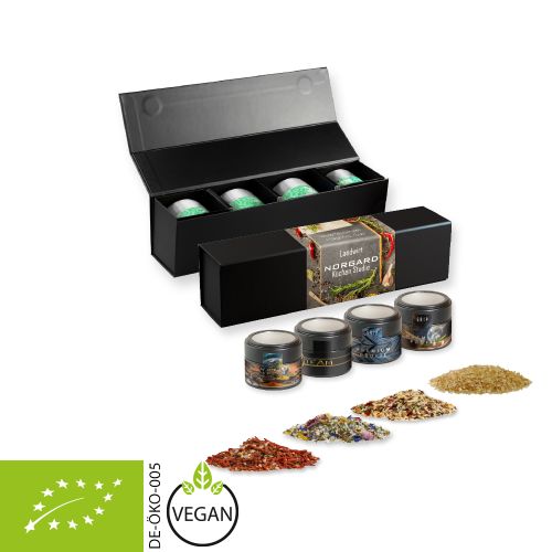 verschiedene Gewürzmischungen Bio und nicht Bio (Kategorie 1), ca. 160-440g, Geschenk-Set Premium schwarz mit Magnetverschluss und 4 Metalldosen Mini mit Sichtfenster
