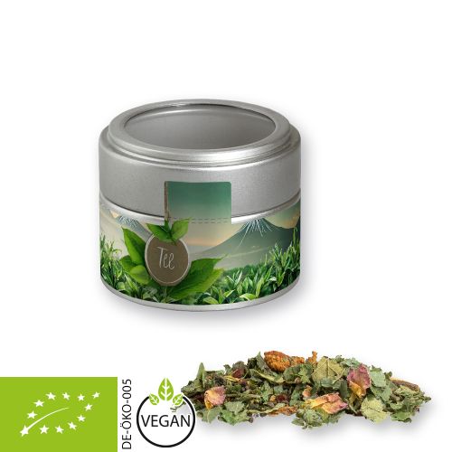Bio Kräutertee Glücksgefühle, ca. 25g, Metalldose Mini mit Sichtfenster silber