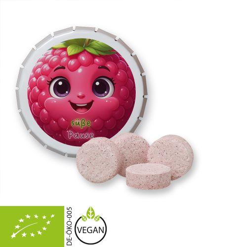 Bio Himbeer Drops (vegan), ca. 20g, Klick-Klack Dose weiss